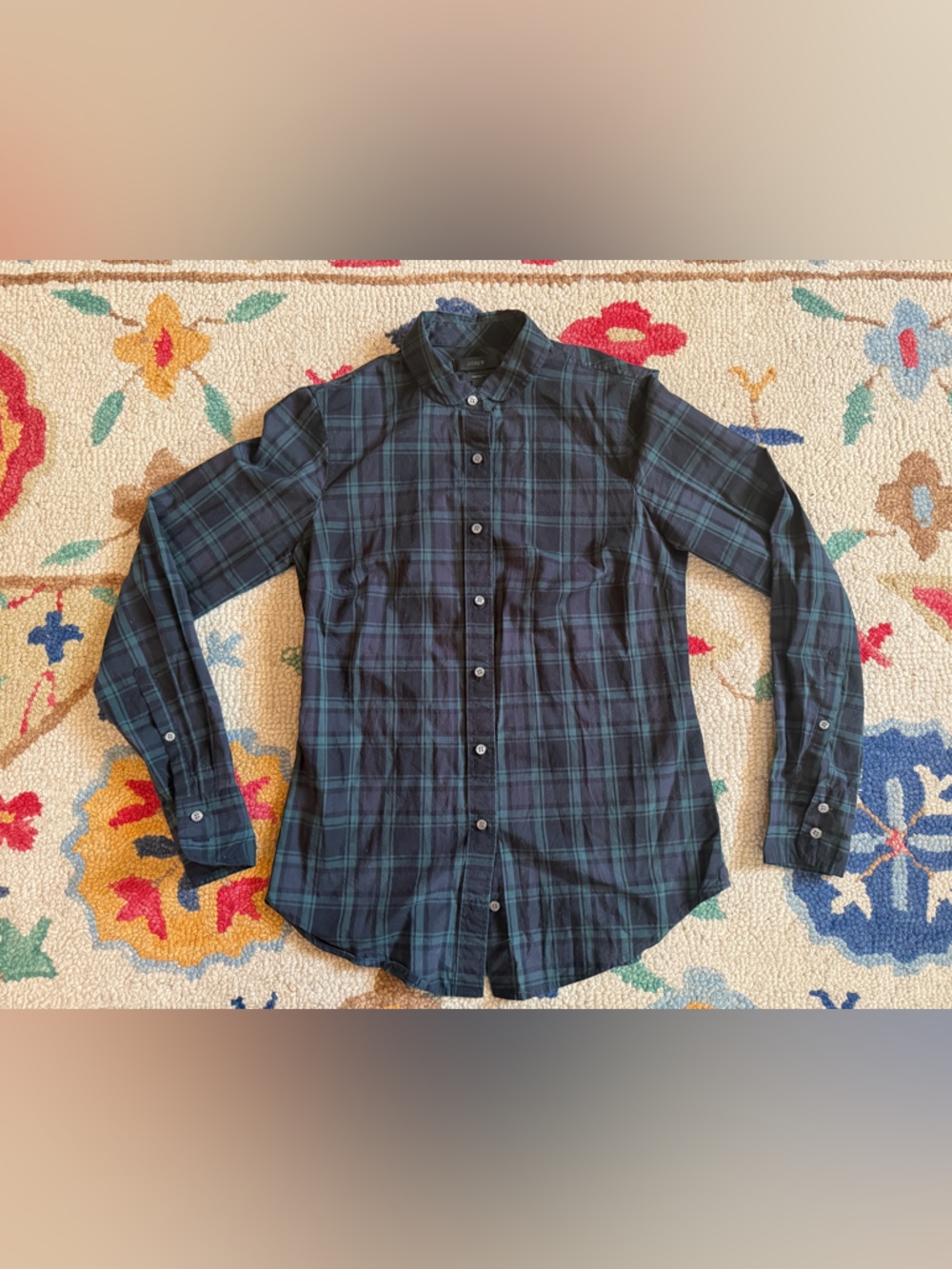 J. Crew Green and Navy Plaid Button-Down Shirt with Peter Pan Collar